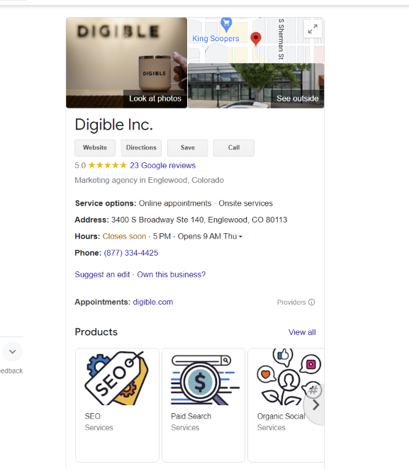 Screenshot of Digible's Google Business Profile in the SERPs