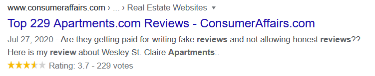 Example of a SERP Result Utilizing Review Schema showing Stars