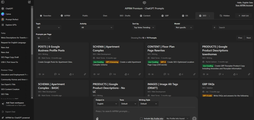 Example of our AIPRM interface in ChatGPT